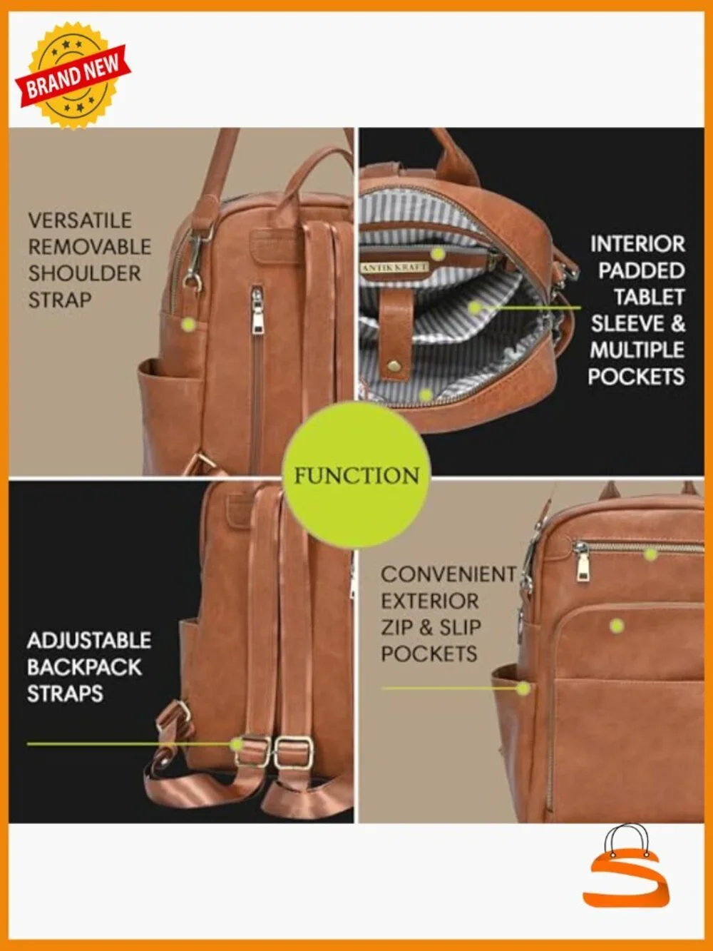 Vegan Leather Backpack Purse Convertible Shoulder Bag Multiple Pockets
